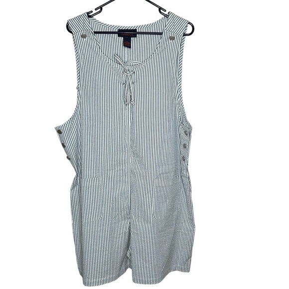 Denim&Co Pants - Denim & Co. Women's Plus 1X Blue and White Striped SHORTALLS w/Pockets Overalls